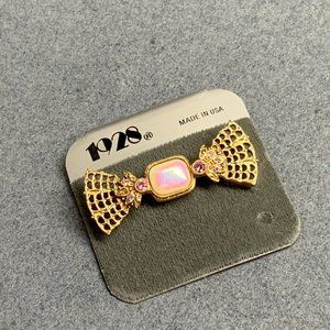1928 Pin Brooch As Is Barbie Pink Gold Bow Rhinestone Retro Soft Girl Granny